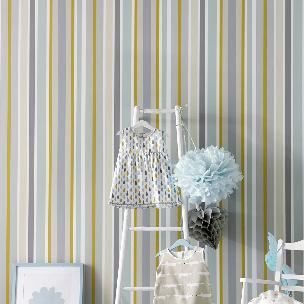 Jelly Tot Stripe Wallpaper 111262 by Scion in Slate Biscuit Maize